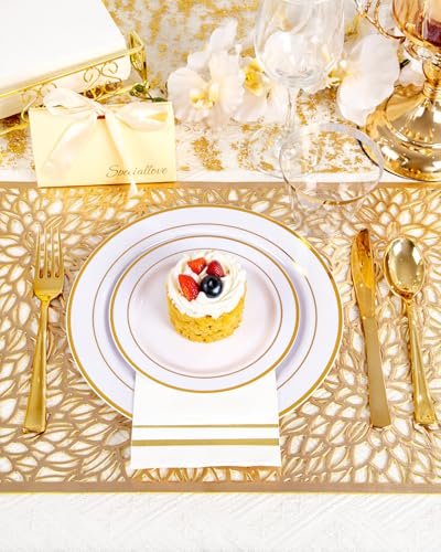 GATHER 350PCS Gold Plastic Plates - White and Gold Disposable Plastic Dinnerware Set Include 50 Dinner Plates, 50 Dessert Plate, 150 Silverware, 50 Napkins, 50 Cups for Party & Wedding - color: Gold, size: 50 Guests