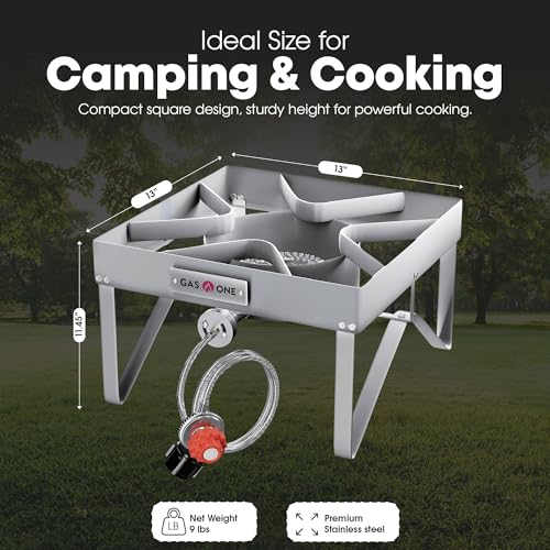 GasOne Stainless Steel Outdoor Propane Burner – High Pressure Camp Stove with Adjustable Regulator & Steel-Braided Hose - color: Stainless Steel