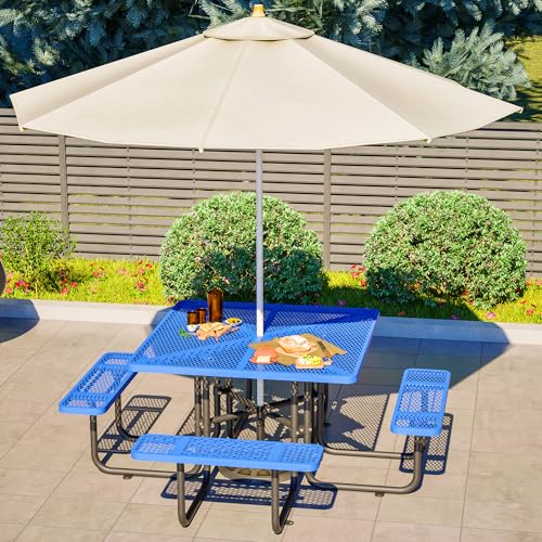 46" Square Metal Picnic Tables for Outdoors with Umbrella Hole - Coated Steel Heavy Duty Commercial Grade Table with Seats, Patio Furniture Set for a Lifetime, Blue - color: Blue-square