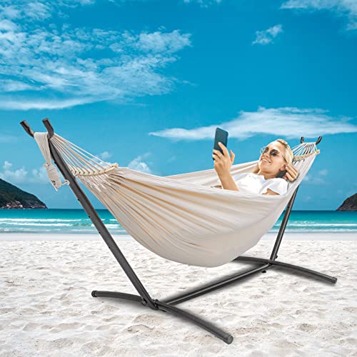 SZHLUX Double Hammock with Stand Included 450lb Capacity Steel Stand, Premium Carry Bag Included.Indoor Outdoor Brazilian-Style Cotton Bed for Backyard, Camping,Garden, Beige - color: Beige