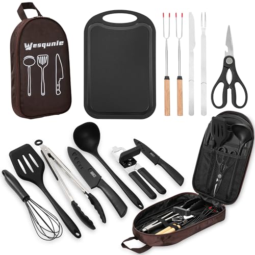 Camping Essentials Cookware Cooking Utensils Set - Portable Camp Kitchen Mess Kit Outdoor Accessories, Stainless Steel & Silicone, Camping Gear Equipment for RV Picnic Grill, Brown - color: Brown