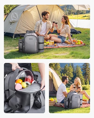 VEVOR Picnic Backpack, Beach Picnic Backpack Bag for 2 Person with Insulated Cooler Compartment, Detachable Bottle/Wine Holder, Lightweight Blanket, Plates and Cutlery Set for Hiking, Camping, Grey - size: single layer for 2 & gray