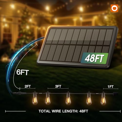 addlon 54FT(48+6) Solar String Lights Outdoor Waterproof with USB Charging & Remote Control - Dimmable Solar Power Patio Lights with LED Bulbs for Porch, Garden, Yard, Market, Bistro - Last for 20+Hrs - size: 48+6FT(16 Sockets)