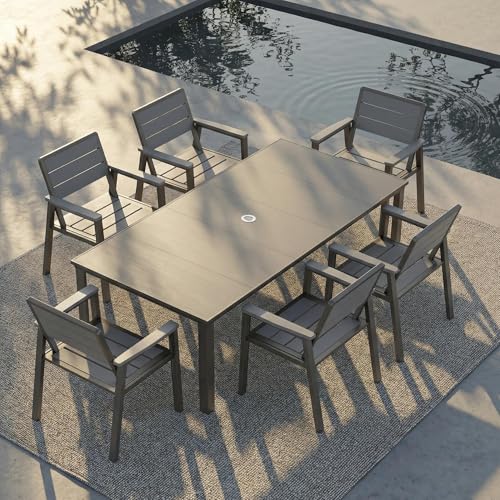 7 Piece Patio Dining Set for 6, Outdoor HDPE Table and Chairs with Umbrella Hole, All Weather Outdoor Furniture for Backyard, Deck, Lawn, Poolside, Grey - color: Grey