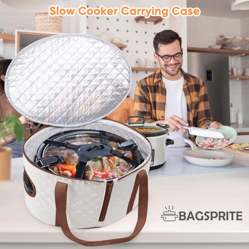 BAGSPRITE Slow Cooker Carrying Case Compatible with 6-8 Quart Crockpot Carrier for Hot Food and Hamlton Beach Slow Cooker Tote with Lid Fastener for Crock-pot Dust Cover Applicances - color: Ivory