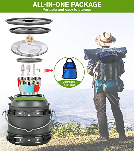 MEETSUN Camping Cookware Set - 37 PCs, Large Size Hanging Pot with Camping Pots and Pans, Camp Cooking Set for 6 People, Mess Kit with Cups, Dishes, Forks, Spoons, Knives for Outdoor Picnic