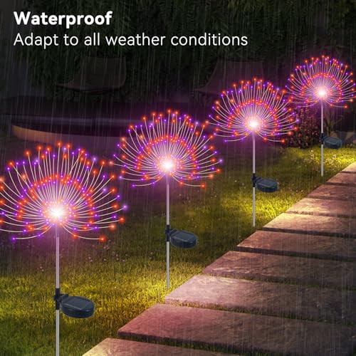 Slyuexu Solar Garden Lights Outdoor Waterproof, 2 Pack 120 LED Solar Firework Lights Decorative Garden Décor Outside for Flowerbed Pathway Party Halloween Christmas Decorations, Purple + Orange - color: Purple + Orange, size: 2 Pack