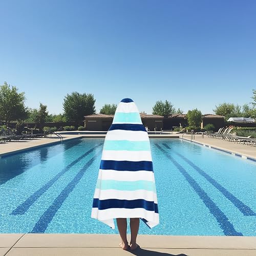 COTTON CRAFT Hooded Beach Towel – Oversized 39 x 68 Towel with Hood for Adults - 100% Ringspun Cotton Velour Terry Towel - 450 GSM - Super Soft Plush Absorbent Quick Dry Bath Wrap – Cabana Stripe Blue - color: Ocean Blue, size: 1 Pack - 39x68 Hooded