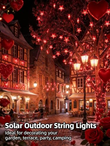 Solar Twinkle Star String Lights Outdoor Indoor Waterproof 39FT 100 LED Solar Powered Fairy Lights with 8 Lighting Modes Christmas Decor for Camping Tree Party Yard Wedding Garden (Red) - color: Red