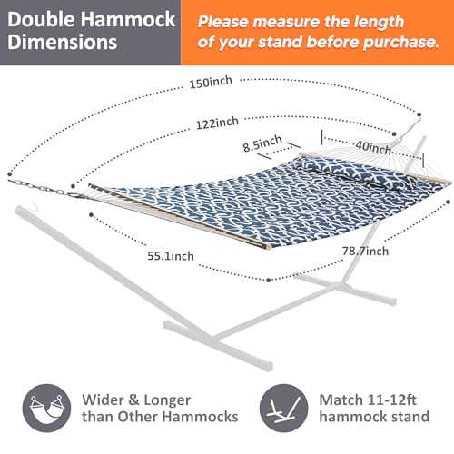 SUNCREAT Double Tree Hammock with Hardwood Spreader Bar, Extra Large Soft Pillow, Heavy Duty Hanging Hammock for Indoor, Outdoor, Blue Pattern - color: Blue Pattern