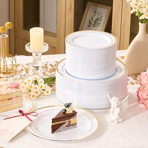 Fijinhom 200PCS Gold Plastic Plates, Disposable Plates with 100PCS 10" Dinner Plates & 100PCS 7" Dessert Plates for 100 Guests, Plastic Party Plates for Wedding, Birthday, Gold - color: Gold, size: 100 Guests-200pcs