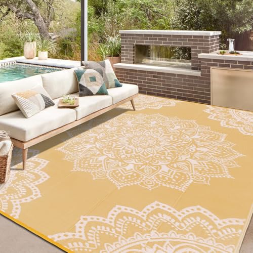 Yamaziot Waterproof Outdoor Rug 8x10 ft, Reversible Plastic Straw Rug for Patio Clearance, Camping, RV Mat, Large Outside Rug Carpet for Porch, Deck, Backyard, Balcony, Picnic, Yellow - color: Yellow, size: 8' x 10'