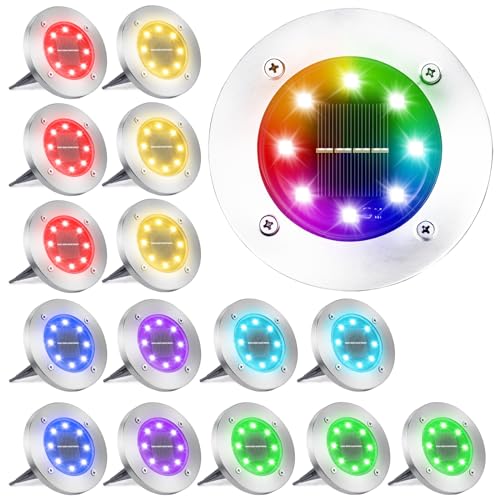 LYHOPE Solar Ground Light Outdoor, 16 Pack 8 LED Color Changing Solar Disk Lights Waterproof Garden In-ground Pathway Lights Landscape Lighting for Lawn,Yard,Deck,Patio,Walkway (RGB) - color: RGB (Red, Green, Blue), size: 16 Pack
