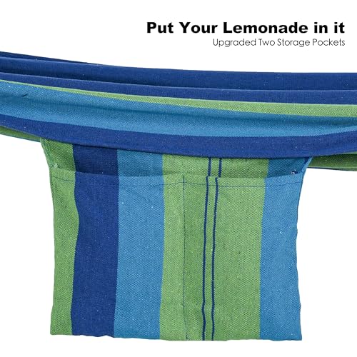 Gafete Double Hammock with Stand for Outside, Upgraded Spreader Bar, Heavy Duty Space Saving Steel Stand 2 Person, Side Pockets, Easy Assembly, 600lbs Weight Capacity, Indoor & Outdoor (Green Blue) - color: Green Blue
