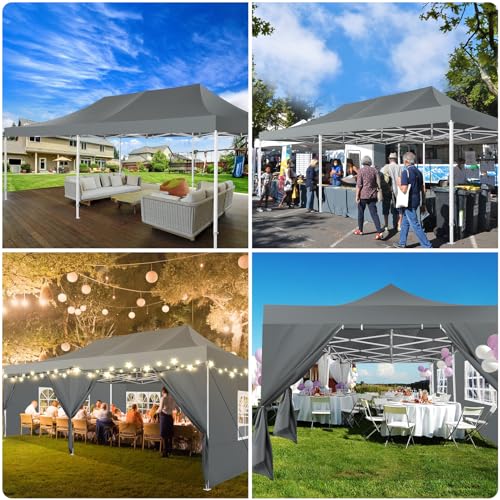 COBIZI 13x26 Heavy Duty Pop Up Canopy Tent with 6 Sidewalls Thicken Frame, Commercial Easy Up Outdoor Wedding Party Tents, All Season Waterproof Windproof with Stakes Sandbags Ropes Roller Bag, Gray - color: Gray, size: 13x26