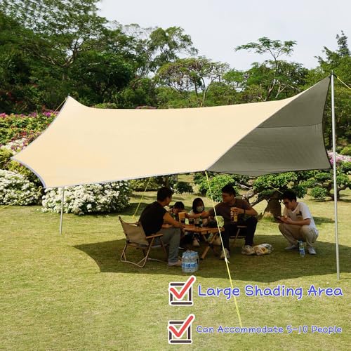 16x16 ft Large Camping Tarp Waterproof Hammock Rain Fly Camping Awning Khaki (Including Poles) - color: Khaki (Including Poles)