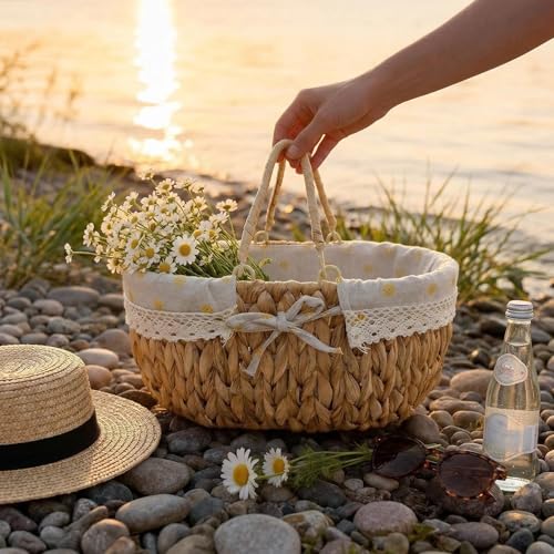 Wicker Picnic Basket with Folding Handles,Handwoven Water Hyacinth with Removable and Washable Lining,Oval Empty Basket for Toy,Flower,Wedding,Camping,Wine,Outdoor,Beach,Easter,Garden Picking