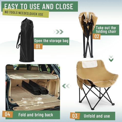 2 Pack Compact Camping Chairs Portable Folding for Outside with Carry Bag Lightweight Moon Chairs for Travel Picnic Hiking Beach Fishing, 600D Oxford, Supports 330lbs(Khaki, Black) - color: Khaki, Black