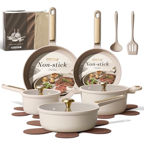 CAROTE Ceramic Cookware Set Nonstick, 14pcs Pots and Pans Set Nonstick, Non-Toxic & PFAS-Free, Dishwasher, RV/Camping Cookware Set, Cooking Pots with Lids, Light Taupe - color: Light Taupe
