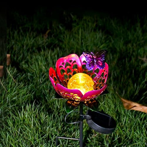 Solar Lights Outdoor Garden Decor, Metal Tulip & Butterfly Decoration Solar Lawn Lamp for Courtyard, Metal Flowers Outdoor Waterproof for Landscape Patio Yard Decor (Purple) - color: Purple