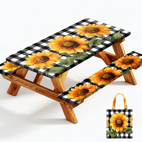 Picnic Table Cover with Bench Covers Elastic Edges, Outdoor Patio Camping Essentials 72 Inch 3PCS, Waterproof Camping Fitted Tablecloth with Handbags (Sunflower buffalo plaid) - color: Black checkered sunflowers