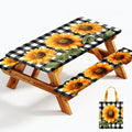 Picnic Table Cover with Bench Covers Elastic Edges, Outdoor Patio Camping Essentials 72 Inch 3PCS, Waterproof Camping Fitted Tablecloth with Handbags (Sunflower buffalo plaid) - color: Black checkered sunflowers
