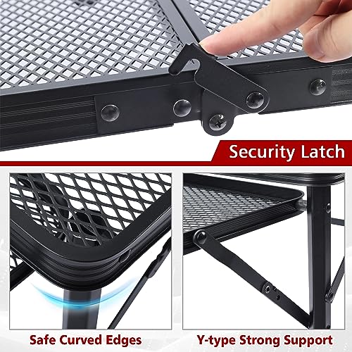 JOUYEK Folding Grill Table, 3x2 FT Portable Camping Table with 2 Wing Panels, Height Adjustable Metal Tables with Mesh Desktop and Mesh Bag, Outdoor Furniture for Camping, Picnic, Beach and BBQ, Black - style: 3X2 FT with 2 panels