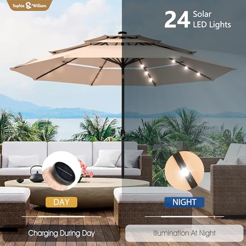Sophia & William 10ft Patio Umbrellas 3-Tier Umbrella Outdoor Patio Umbrellas with Lights Vented Top 24 LED lights Adjustable Tilt for Pool Garden Backyard, Beige - color: Beige
