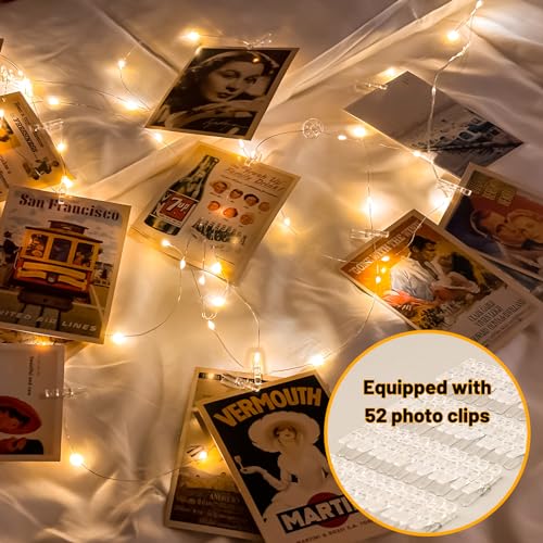 HXWEIYE 50LEDs Photo String Light, Warm White 16.4Ft Battery Powered Fairy Light with 52 Clear Clips & 10 Hooks on Wall for Hanging Picture Dorm Bedroom Party - color: Warm White, size: Battery Powered-50LEDs