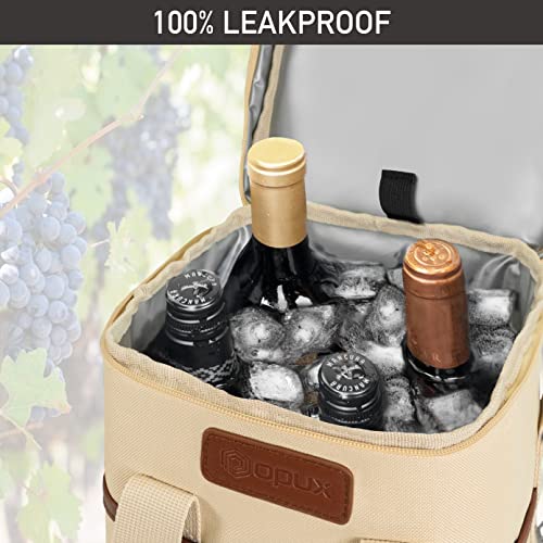 Opux 4 Bottle Insulated Wine Cooler Bag - Leakproof Padded Portable Wine Bottle Carrier for Travel Picnic BYOB Gift (Beige Cream) - color: Cream Beige, size: 4 Bottle