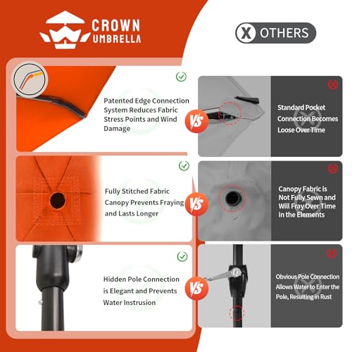 CROWN SHADES 9 Ft Patio Umbrella with Auto-Tilt & Olefin Fabric - Patented 45°Edge Connection Wind Resistant Outdoor Umbrella for Table, Pool, Beach, Effortless Crank System - color: Red