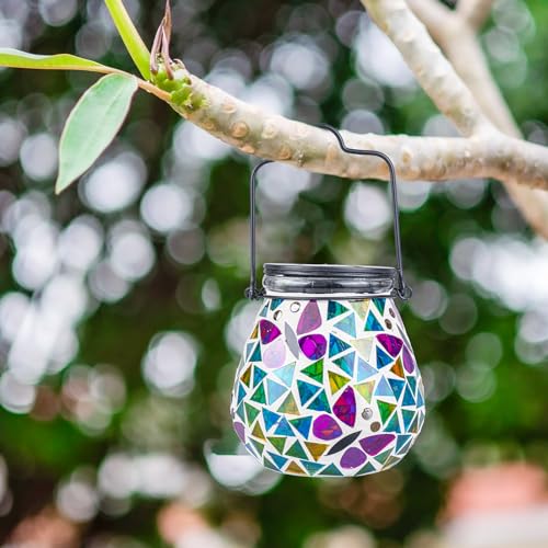 Afirst Mosaic Solar Lanterns - Glass Hanging Lights Butterfly Hollow Out Waterproof Outdoor Decorative for Garden, Patio, Holiday Party Outdoor Decoration, 1 Pack - style: Butterfly