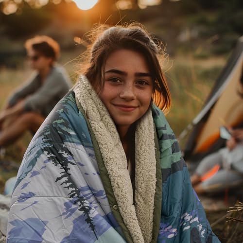 Outdoor Camping Blanket with Sherpa Lining, Extra Warm Thick Camp Blankets and Puffy Ultralight Soft Poncho DWR Camping Quilt for Cold Weather, Adventure, Sleeping, Backpacking 78"x 56" - color: Aden Green, size: 78 x 56 inches