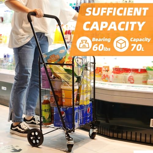 Foldable Shopping Cart with 360° Wheels, Collapsible & Lightweight Utility Cart for Groceries, Laundry, Travel, All-Purpose Rolling Trolley with Comfort Grip (Black, Small) - size: Small - Basic