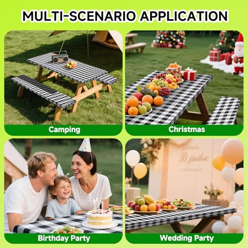 Picnic Table Cover with Bench Coversa nd Bag, Waterproof Windproof Elastic Fitted Tablecloth for 6 Foot Rectangle Tables，Washable with Elastic Edges for Outdoor Camping(Black & White, 30"x72") - color: Black&grey(checkered)