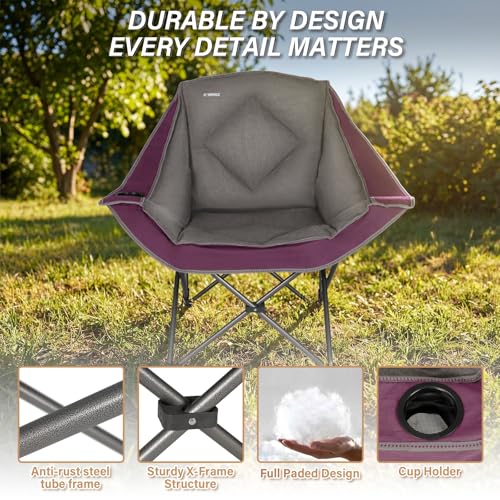 Folding Camping Chair,Oversized Portable Camping Chair with Cup Holder,Heavy Duty Padded Lawn Chair for Camping, Tailgates, Beach, and Sports - color: Purple