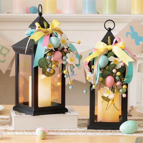 JOIONE Easter Lanterns Decorative Indoor, 2 Packs 14" Battery-Powered Waterproof Black LED Candle Lanterns with Timer for Patio & Outdoor, Hanging Lantern for Easter Party Decorations, Transparent - style: Easter Decorative Lantern