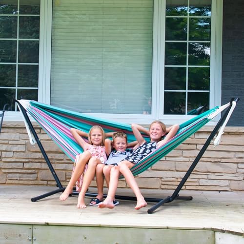 Vivere Double Cotton Hammock with Space Saving Steel Stand, Upgraded Polyester End Strings 450 lb Capacity - Premium Carry Bag Included - USA Grown Cotton (Watermelon) - color: Watermelon