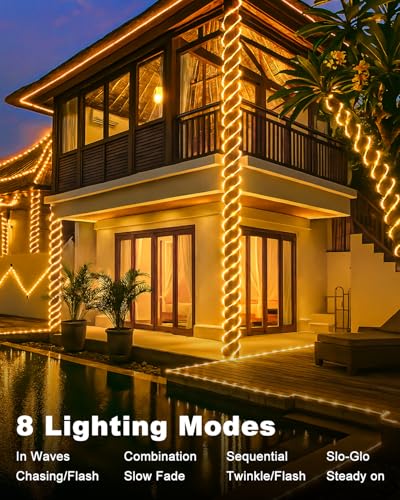 btfarm Solar Rope Lights, 120LED 46FT Solar String Lights Outdoor Waterproof, 8 Lighting Modes Solar Powered Strip Tube Light for Outside Garden Tree Christmas Yard Patio Wedding Decor, Warm White - color: Warm White, size: 1 Pack