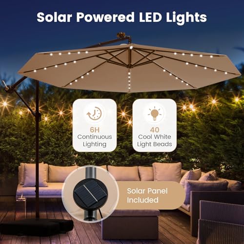 Tangkula 10FT Offset Patio Umbrella with Base Included, Outdoor Cantilever Umbrella with 40 Solar LED Lights, Tilt Adjustment, Crank Handle, Vented Top, Sand Bags for Pool Yard Deck (Beige) - color: Beige