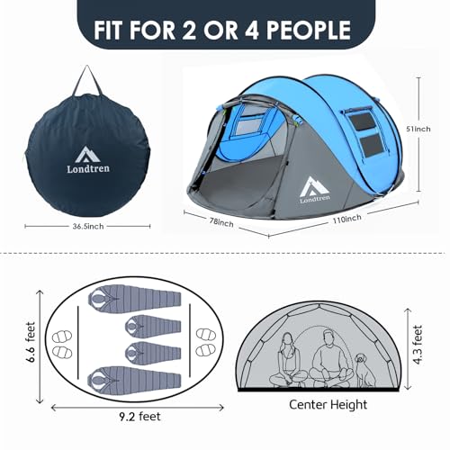 4 Person Easy Pop Up Tent Waterproof Automatic Setup 2 Doors-Instant Family Tents for Camping Hiking & Traveling - color: Blue & Grey