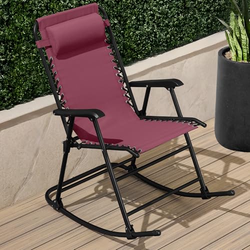 Best Choice Products Outdoor Zero Gravity Rocking Chair, Folding Reclining Patio Lounge Chair with Adjustable Pillow for Lawn, Beach, Camping - Burgundy - color: Burgundy
