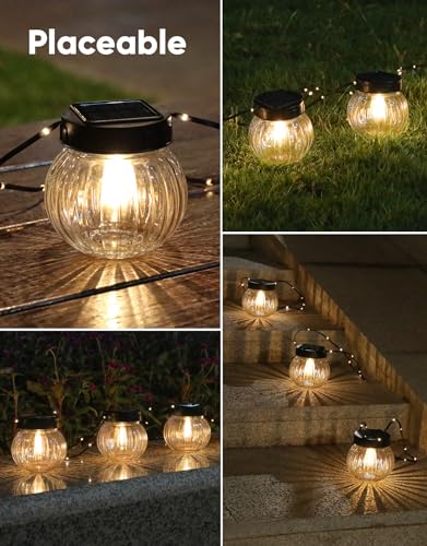PARTPHONER Solar Lights Outdoor Waterproof 12-Pack, Solar Powered Hanging Lantern Ribbed Glass Hanging Globes for Yard Decor Christmas Decoration, Shepherd Hook, Garden Tree Ornaments, Clear - color: Clear