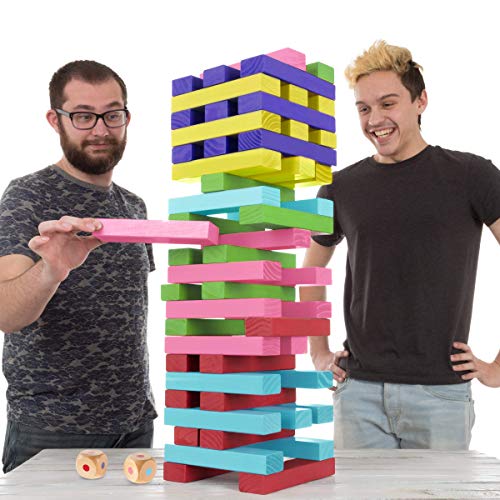 HEY! PLAY! Nontraditional Giant Wooden Blocks Tower Stacking Game with Dice, Outdoor Yard Game, for Adults, Kids, Boys and Girls (Rainbow Color)