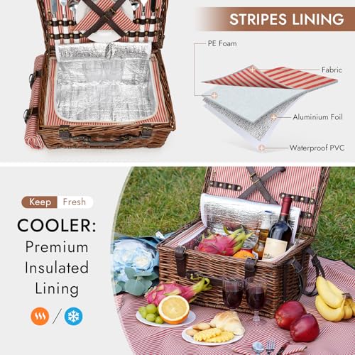 Picnic Basket Set for 2 Persons with Cooler and Waterproof Picnic Blanket, Classical Wicker Picnic Baskets with Waterproof & Sand-Proof Beach Mat,Willow Hamper Service Gift Set - size: 15.45" for 2 Persons With Cooler