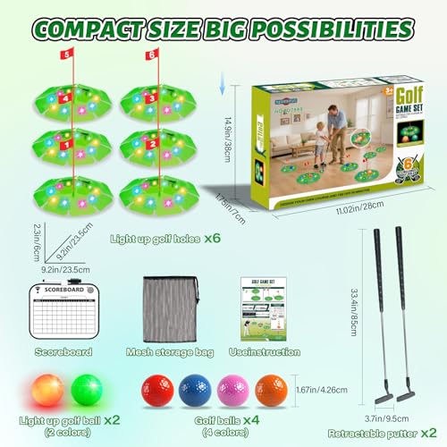 TERRAMUS Light Up Golf Play Set - Upgraded Kids Toy Golf Putting Game Set with 6 LED Targets, 2 Clubs, 6 Balls (2 Glow), Night Golf Toys Gifts for Kids Golfers Family Indoor Outdoor Beach Lawn Park - color: Green