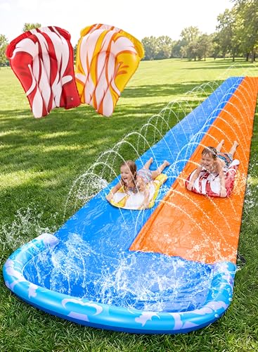 JOYIN 22.5ft Water Slides and 2 Bodyboards, Lawn Water Slide Summer Slip Waterslides Water Toy with Build in Sprinkler for Backyard Outdoor Water Fun for Kids - color: Blue, Orange, size: 22.5ft