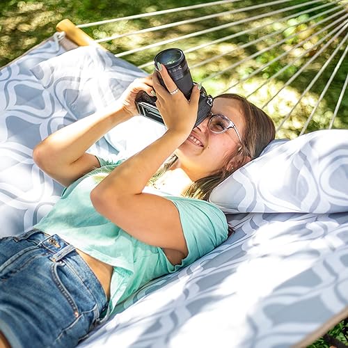 Large Hammock with 12FT Steel Stand, Freestanding Hammock with Curved Spreader Bar, Pillow and Portable Bag for Outside, Gray Ripples - color: Gray Ripples