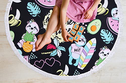 Benefeet Sox Beach Towel Large Round Mandala Pool Towels Tassels Microfiber Quick Dry Beach Blanket Throw Bohemian Roundie Swim Pool Circle Towel, 59 Inches - color: Cute Sloth, Tropial Fruits, Hawaiian Palm Tree