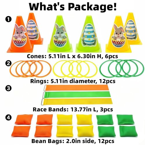4-in-1 Plastic Carnival Party Games Set,Includes Ring Toss Games, Bean Bag Toss Games, Cones & 3-Legged Race Games, Sports & Outdoor Game Toys for Backyard, Birthday & Family Party